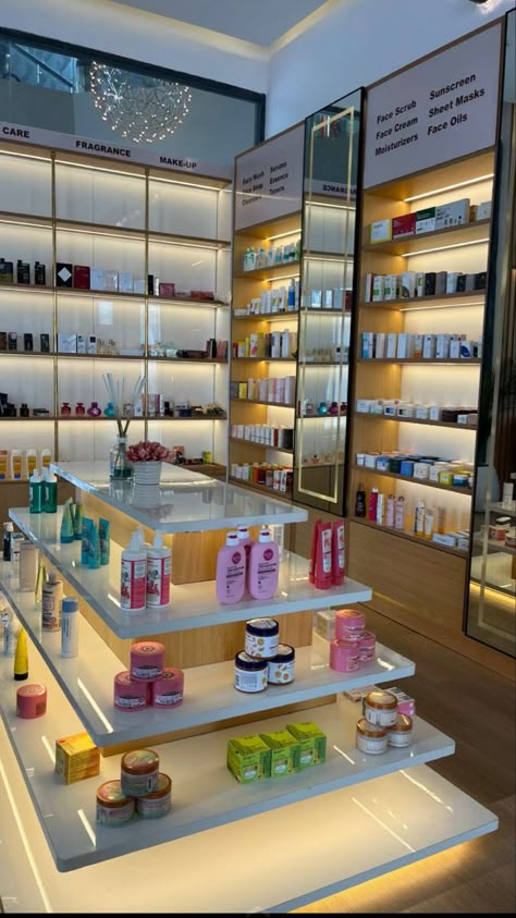 skincare store Skincare Interior Design, Skincare Shop Interior Design, Beauty Store Interior Retail Design, Skincare Store Aesthetic, Skin Care Shop Interior Design, Skincare Store Interior, Cosmetic Shop Interior Design Shelves, Small Perfume Shop Interior Design, Skincare Shop Interior