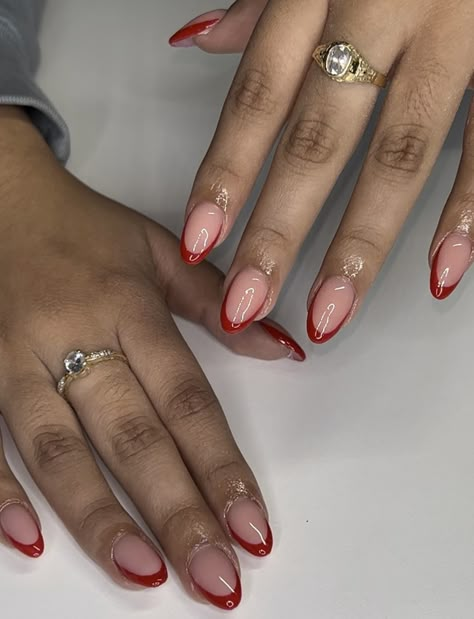 Dark Red Tip Nails Almond, Red Tip Nails With Rhinestones, Red Oval French Tip, Small Red French Tip Nails, Round Red French Tip Nails, Alomd Nails Ideas French Tip, Red French Tip Nails Oval, Almond Nails Red Tip, Red Tips Acrylic Nails