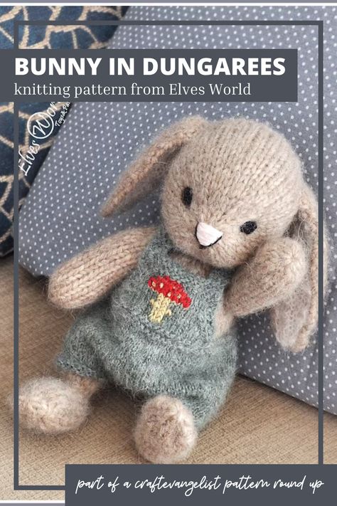 This adorable knit bunny pattern from Elves World is the perfect pattern to knit up for a baby shower gift! With instructions for the delightful dungarees as well as a cute little beret, this sweet little bunny will make a cherished handmade gift! Find the link to this pattern and more great #KnitAndCrochetBabyPatterns in the #PatternRoundUp by #CraftEvangelist #Yarn #Crafts #AmigurumiPattern #KnitBunnyPattern #BabyKnittingPatterns Baby Bunny Toy, Casting Off Knitting, Knit Coaster, Bunny Knitting Pattern, Fair Isles, Bunny Outfit, Knitted Animals, Cast Off, How To Purl Knit