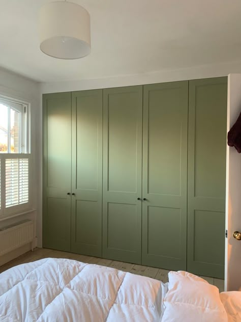 These wardrobe doors have transformed the room - painted in Dulux - Dried Sage, satin finishes with Dowsing & Reynolds knobs @duluxuk @dowsingreynolds Green Closet Doors Bedrooms, Bedroom Wardrobe Doors Ideas, Paint Built In Wardrobe, Sage Wardrobe Bedroom, Painted Wardrobe Ideas Bedrooms, Green Bedroom Cupboard, Painted Cupboards Bedroom, Sage Green Bedroom Wardrobe, Green Closet Bedroom