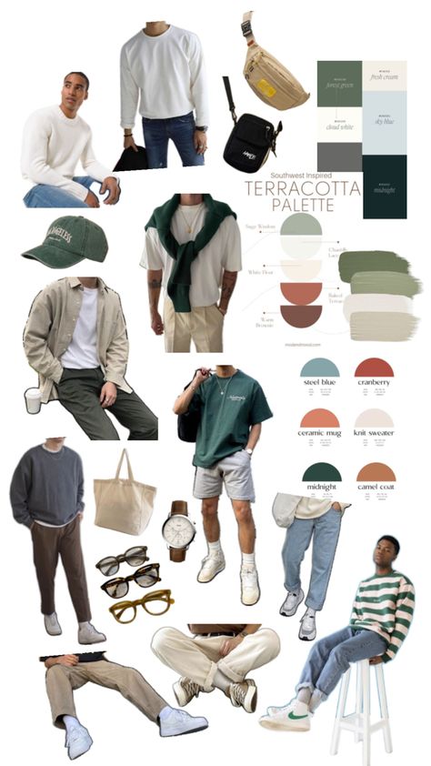 Men clothing pieces for warm weather, white longsleeve and tshirt outfits, green color combinations, comfy casual oversized style, sport white shoes, crossbody bags, earth tones aesthetic Beige Layered Outfit, Soft Autumn Color Palette Outfits Men, Soft Summer Color Palette Men, Men Capsule Wardrobe Summer, Green Aesthetic Outfit Men, Green And Beige Outfit, Beige Color Combinations, Outfit Ideas Collage, Casual Style Aesthetic