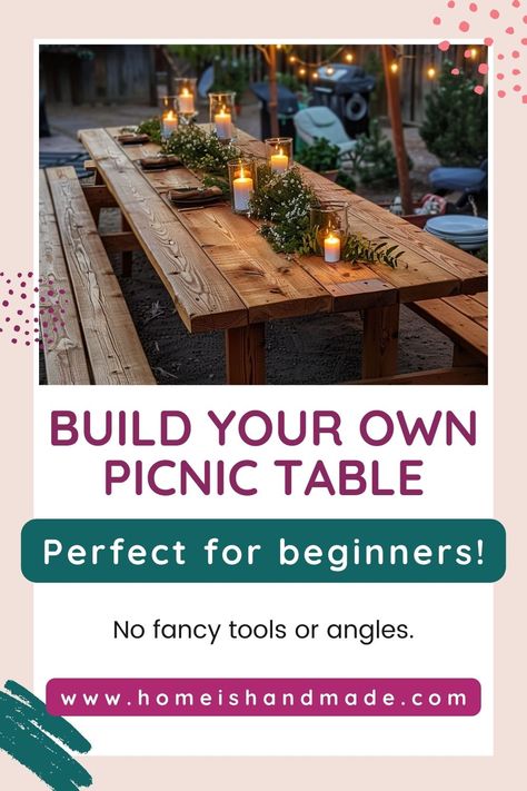 Looking for a modern picnic table that's sturdy, stylish, and budget-friendly? Look no further! Follow our step-by-step guide for creating a contemporary picnic table with straight cuts, perfect for your outdoor gatherings. Modern Picnic Table, Farmhouse Picnic Table, Picnic Table Woodworking Plans, Picnic Table Makeover, Build A Picnic Table, Diy Picnic, Build Outdoor Furniture, Diy Patio Table, Diy Picnic Table