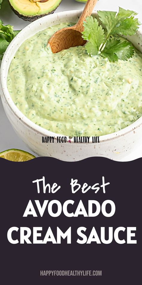 Looking to add a pop of flavor to your meals? Try this easy Avocado Cream Sauce recipe! It's dairy-free and so creamy, you won't believe it's vegan. This avocado crema is perfect for dipping, drizzling, or spreading on your favorite dishes. Whip up this avocado sauce in just 5 minutes and watch your meals shine with deliciousness.  | avocado cream sauce non dairy | Avocado Dipping Sauce | Avocado Lime Crema | Avocado Cream Sauce For Tacos, Avacado Cream, Avacado Dip, Avocado Lime Crema, Avocado Sauce Recipe, Avocado Dipping Sauce, Avocado Cream Sauce, Avocado Dip Recipe, Cream Cheese Sauce