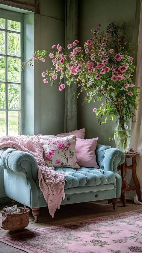 Cozy English cottage living room with a blue velvet sofa, floral pillows, vintage decor, and soft natural lighting. Light Blue Velvet Sofa, Boho Mid Century Modern Living Room, Inviting Home Decor, Velvet Sofa Living Room, Pink Velvet Sofa, Light Blue Velvet, Shabby Chic Rug, Cozy Romantic, Vibrant Living Room