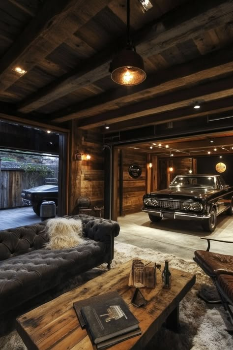 ultimate-garage Garage In Living Room, Mancave In Garage, Hang Out Garage Ideas, Loft Garage Apartment, Garage Seating Area, Pool Table Garage, Man Caves In Garage, Detached Garage Ideas Interior, Metal Garage Interior Ideas