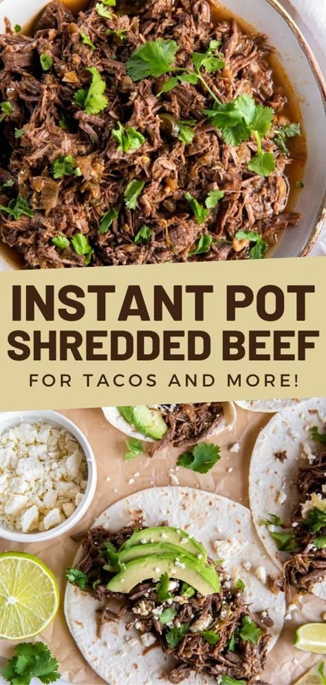 This easy instant pot shredded beef recipe is a versatile dish to use for tacos, quesadillas, enchiladas and more. Instapot Shredded Beef Taco Meat, Beef Taco Instant Pot Recipes, Taco Beef Instant Pot, Instant Pot Beef Carnitas, Roast Beef Tacos Instant Pot, Street Taco Instant Pot, Shredded Beef Instapot, Pressure Cooker Beef Tacos, Steak Tacos Recipes Instant Pot