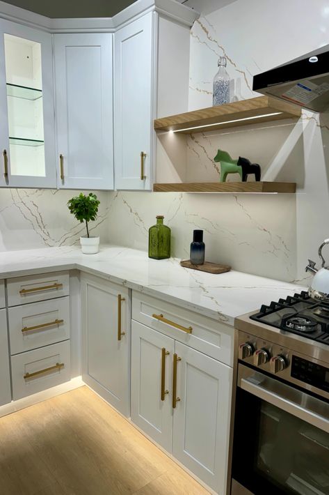 Quartz Countertops Veined Countertops, White Cabinets And Gold Hardware, White Kitchen With Gold Hardware, Kitchen Cabinets With Gold Hardware, Kitchen With Gold Hardware, Cabinets With Gold Hardware, Gold Kitchen Hardware, Kitchen With White Cabinets, Luxury Kitchen Cabinets