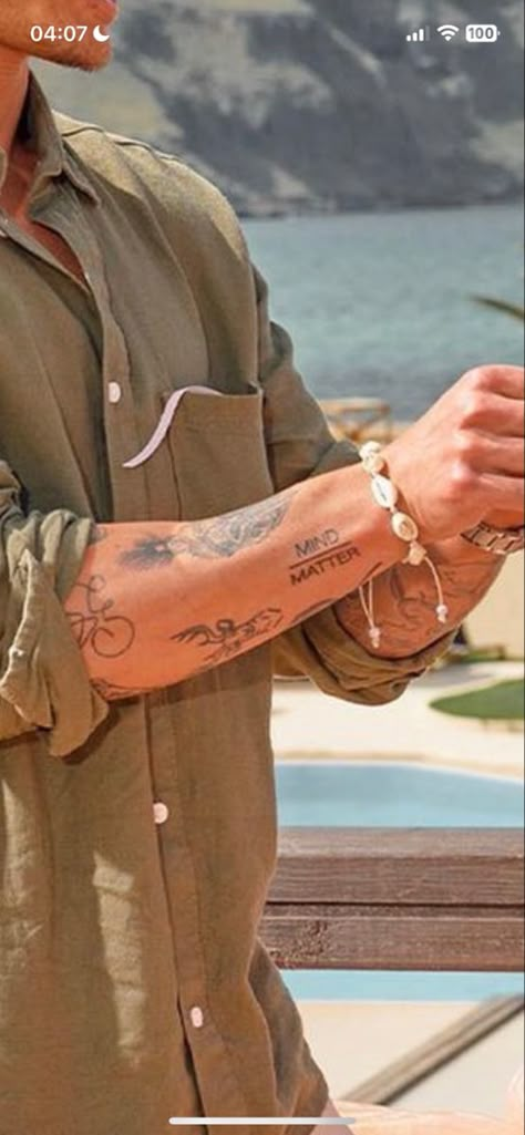 Minimal Tattoo Sleeve Men, Random Arm Tattoos Men, Men’s Patchwork Forearm, Text Chest Tattoo Men, Rich People Tattoos, Classy Mens Tattoos, Men Patch Work Tattoo Ideas, Best Places For Tattoos Men, Aesthetic Men Tattoo Ideas