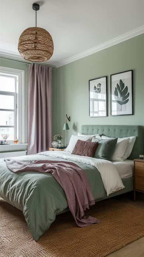 25 Sage Green Bedroom Ideas For Your Home Olive Green And Lavender Bedroom, Light Purple And Green Bedroom, Sage And Purple, Sea Foam Bedroom Ideas, Sage Bedroom Paint Colors, Sage Bedroom Inspirations, Lavender Sage Green Bedroom, Lavender Sage Bedroom, Jewel Green Bedroom