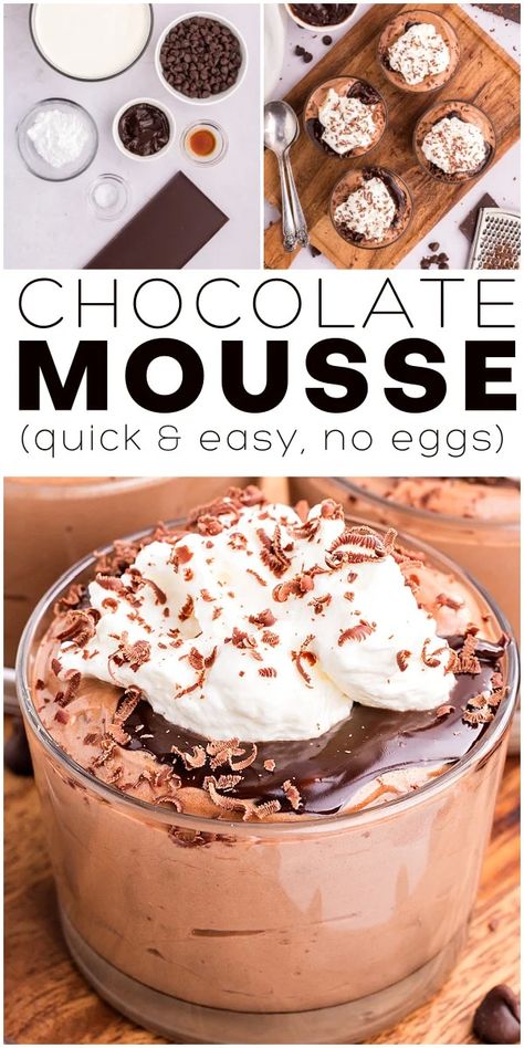 This Easy Chocolate Mousse Recipe is decadent and rich in chocolate flavor. Perfectly thick and silky smooth, it's the ultimate chocolate dessert - no eggs required! How To Make Chocolate Mousse Simple, Healthier Chocolate Mousse, Homemade Chocolate Mousse Easy, No Egg Chocolate Mousse, Easy Dark Chocolate Mousse, Flourless Chocolate Desserts, Easy Disney Desserts, Easy Chocolate Pudding Recipe, Chocolate Mousse Without Eggs