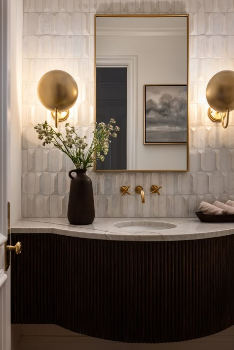 Hallbrook - Transitional - Powder Room - Kansas City - by Nate + Jessica | Trove Homes | Houzz Becki Owens Powder Room, Luxe Powder Room Ideas, Guest Bathroom Transitional, Lux Powder Room Ideas, Organic Modern Powder Bathroom, Half Bath Pedestal Sink, Tiled Powder Room, Timeless Powder Room, Luxe Powder Room