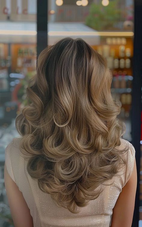 Back view of long layered hair styled in a voluminous blowout with bouncy curls Healthy Hair Blowout, Blowout For Wedding Guest, How To Blow Out Long Layered Hair, Blowout Haircut Long Hair, Blowout Hair Natural Styles Long, Curl Blowout Hair, Blowout Hair Pictures, Big Bouncy Curls Long Hair Wedding, Blowout Hair With Curls