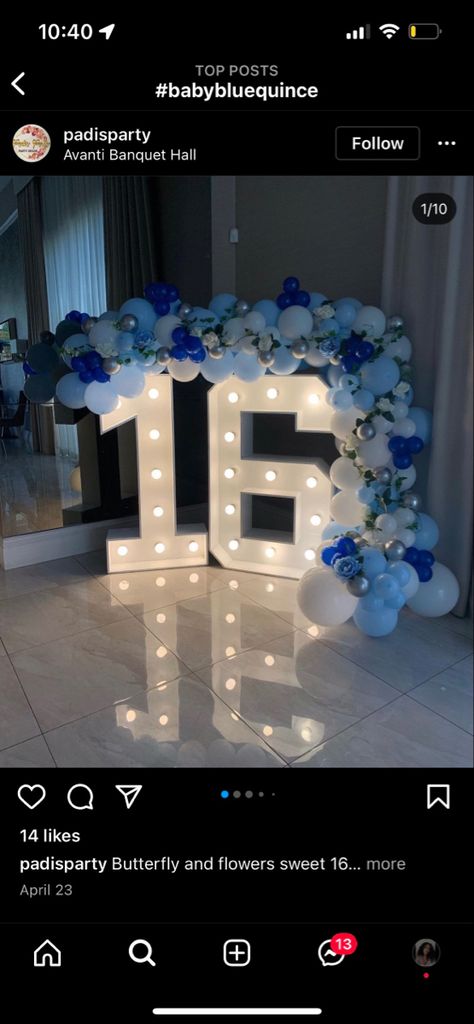 Cute Sweet 16 Decorations, Sky Blue Sweet 16 Dress, Blue Dresses For Sweet 16, Light Blue Sweet 16 Theme, Sweet Sixteen Light Blue Theme, Blue Sweet 16 Decorations Theme Parties, December Quinceanera Ideas, Sweet 16 Themes Blue, Sweet Sixteen Court Ideas