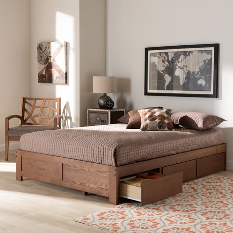 Red Barrel Studio® Jojean Modern And Contemporary Walnut Finished 3-Drawer King Size Platform Storage Bed Frame | Wayfair Modern Storage Beds, Storage Bed Frame, Platform Storage Bed, Rectangle Bedroom, Bed Frame With Drawers, Platform Storage, Full Size Platform Bed, Lit King Size, Full Size Bed Frame