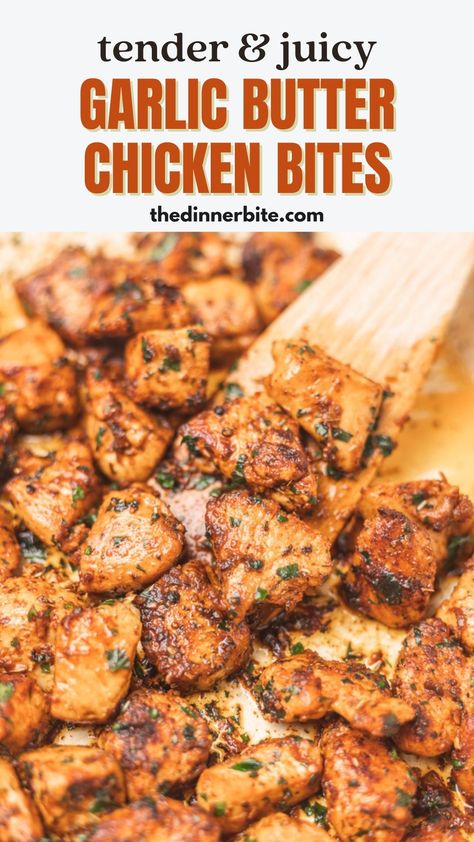 Discover the secret to tender and juicy Garlic Butter Chicken Bites that will leave your taste buds craving more! These mouth-watering bites are perfect for parties, family dinners, or even a cozy night in. Click here and learn how to make this scrumptious dish that will quickly become a family favorite! Good Easy Chicken Recipes, How To Cook Cubed Chicken, Chicken Bites Instant Pot, Cubed Chicken Recipes Crock Pots, Chicken Tender Bites Recipes, Chicken Bites And Potatoes Recipes, Easy Bake Dinner Recipes For Family, Garlic Butter Chicken Bites Air Fryer, Simple Quick Chicken Recipes