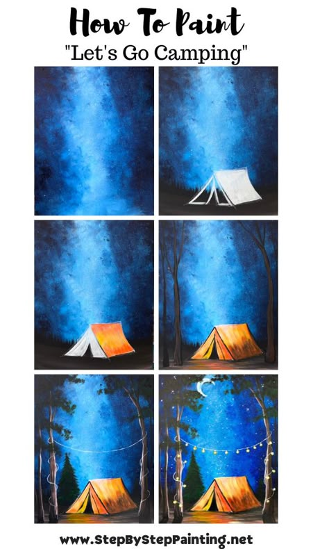 Easy Camping Paintings, How To Paint A Campfire, Painting A Landscape Step By Step, Sip And Paint Step By Step, Drawing Canvas Acrylics, Silhouette Art Tutorial, Camping Painting Acrylic, Camping Acrylic Painting Easy, Beginner Paint And Sip Ideas