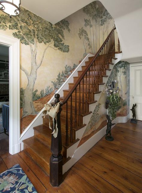 Hand Painted Staircase Mural, Oak Tree Murals On Wall, Colonial Mural Wallpaper, Stairway Tree Mural, Scenic Tree Toile Wallpaper, Staircase Wallpaper, Painted Hallway, Floor Windows, Hand Painted Mural