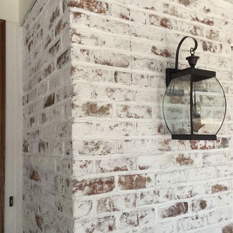 How To Whitewash A Brick Fireplace With Limewash Limewash Exterior, Mortar Wash, Limewash Brick, German Smear Brick, Lime Wash Brick, German Smear, Whitewash Paint, Painted Brick House, Brick Fireplace Makeover