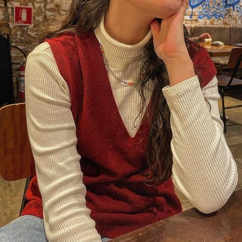 Red Vest Outfits Aesthetic, Outfits With Red Turtleneck, Red Knitted Vest Outfit, Red Sweater Vest Outfits For Women, Red Waistcoat Outfit, Red Knit Vest Outfit, Target Outfits Employee, Red Waistcoat Outfit Women, Outfit Chaleco Rojo