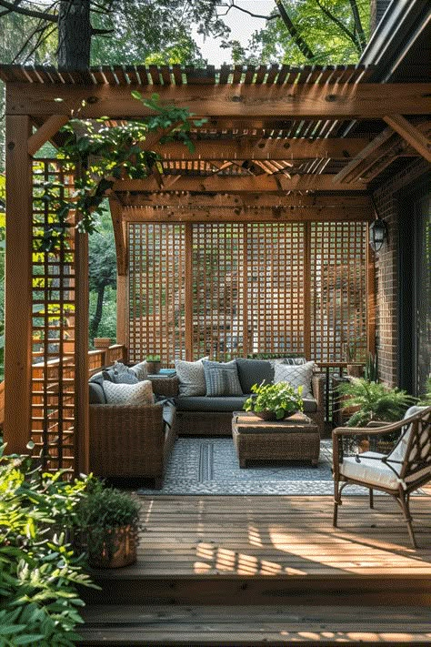 29 Small Deck Furniture Ideas 29 Pergola Around House, Landscaping Screening Ideas, Creating Privacy On Deck, Small Outside Deck Ideas, Deck Railing Privacy Ideas, Screened Pergola Ideas, Small Garden Privacy Ideas, Under Deck Decorating Ideas, Back Deck Ideas Decorating