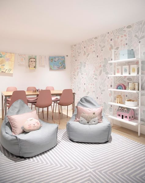 SOPHIE + MINJI'S PASTEL MODERN BASEMENT PLAYROOM — WINTER DAISY interiors for children Girl Playroom Decor, Pink Playroom Ideas, Girl Playroom Ideas, Pottery Barn Kids Playroom, Girls Playroom Ideas, Pink Playroom, Girl Playroom, Indoor Playroom, Modern Basement