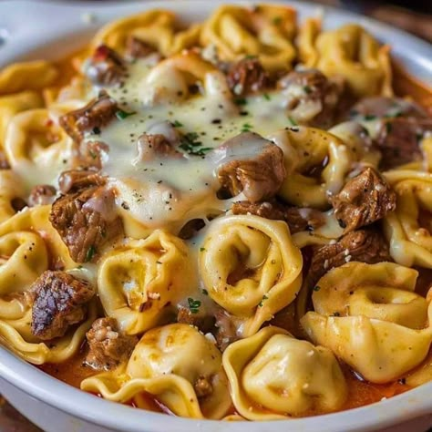 Cheesesteak Tortellini, Tortellini Recipes, Spiced Chickpeas, Cheese Tortellini, Giada De Laurentiis, Beef Recipes For Dinner, Provolone, Pasta Rice, Coffee Creamer