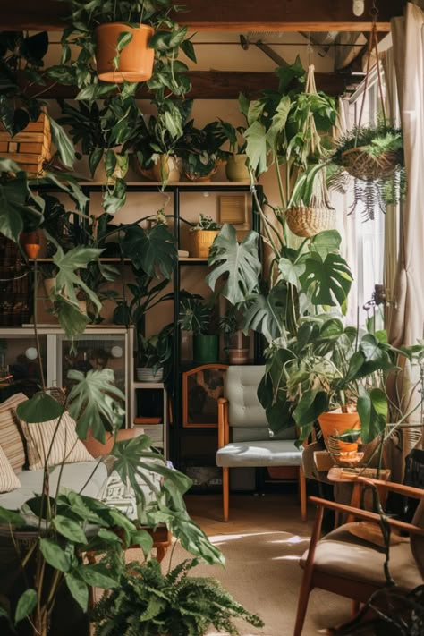 Dive into this urban jungle apartment where lush greenery and cozy furniture create a warm, inviting atmosphere. Get tips on incorporating indoor plants to enhance your home’s natural light and aesthetic. Room Of Plants, Plant Collection Aesthetic, Cozy Green Aesthetic, Plants Indoor Aesthetic, Green Plant Room, Plant Apartment Aesthetic, Home Plants Aesthetic, Plant Aesthetic House, Urban Jungle Living Room