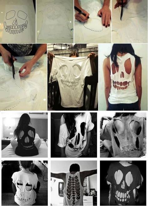 Diy Goth Clothes, Cut Tshirt Diy, Cut Shirt Designs, Diy Cut Shirts, Diy Skulls, Shirt Makeover, Cutout Shirts, Cut Up Shirts, Easy Diy Clothes