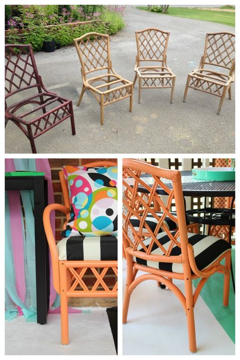 Diy Rattan Furniture, Bamboo Furniture Makeover, Vintage Bamboo Furniture, Painting Metal Outdoor Furniture, Rattan Furniture Makeover, Boho Front Porch, Hillside Planting, Chinoiserie Chairs, Painting Patio Furniture