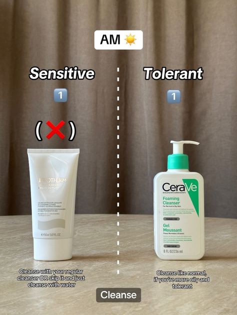 AM, senstive vs. tolerant skin. cleanse, vitamin C, moisturizer, sunscreen. Sunscreen For Combination Skin, Best Moisturiser, Skincare Routines, Glass Skin, Asian Makeup, Foam Cleanser, Skin Care Essentials, Combination Skin, Step Guide