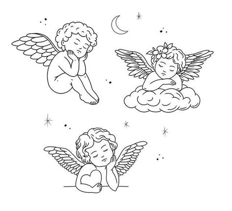 Minimal Cherub Tattoo, Angel Cherub Tattoo Design, Flash Angel Tattoo, Easy Cherubs Drawing, Tattoo Cherub Angel, Cherub Wings Tattoo, Two Cherub Angel Tattoo, Simplistic Angel Tattoo, Baby Cherub Tattoo Design