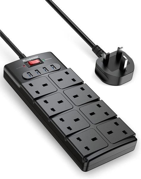 8 Gang Surge Protected Extension Lead: The 8 plug extension lead surge protector with usb slots, which total power output up to 13A/3250W, 1.5m extension cord enable to charge your smartphones, tablets, laptops and more electronic devices simultaneously USB Extension Lead 1.5m: Built-in intelligent IC, which can detect your devices and automatically deliver the optimal current to USB Powered devices, each port can reach 2.4A max, 4 USB ports can reach 3.4A 5V total Power Surge Protector Extension Lead: Our surge protected extension lead with 1050-Joule protection rating and features with overload protection to protect your devices against spikes and fluctuations. High quality fire-resistant PC material makes it fireproof up to 1382℉, ensure safety charging Extension Cord Wall Mount Power S Strip Bar, Extension Lead, Led Accessories, Shutter Doors, Surge Protector, Kids Area, Electric Shock, Backyard For Kids, Extension Cord