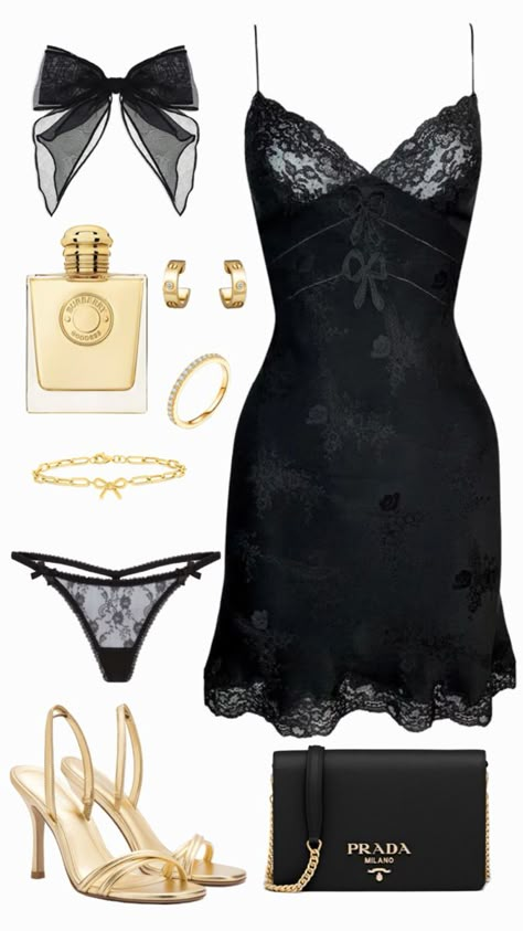 sexy outfit, black dress, going out fit, black & gold Black Party Outfit Ideas, Black Dress And Gold Accessories, Elegant Club Outfits Classy, All Black Fancy Outfits, Unique Birthday Dresses For Women, Black Fancy Outfits, Black Outfits Party, Going Out Outfits Baddie, Black Dress With Gold Accessories