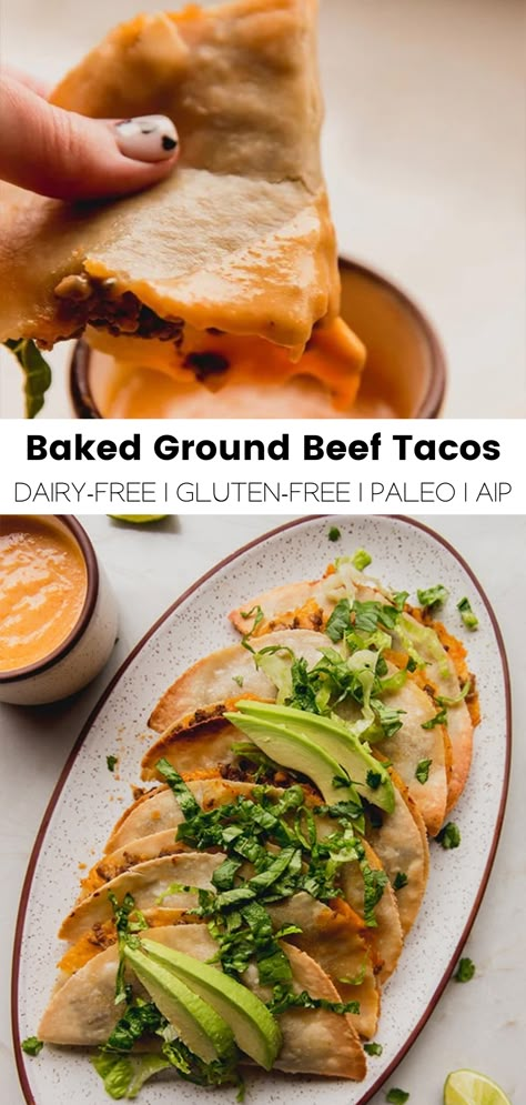 Baked Ground Beef Tacos (Dairy Free) - Unbound Wellness Gluten Grain Dairy Free Recipes, Gluten Free Tacos Recipes Ground Beef, Paleo Beef Dinner Recipes, Gluten Free Dairy Free Tacos, Gluten And Dairy Free Beef Recipes, Ground Beef Aip Recipes, Gluten Free Dairy Free Ground Beef Recipes, Tacos Beef Ground, Aip Ground Beef Recipes