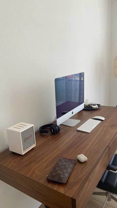 Office desk wooden desk marshall imac louis vuitton airpods Imac Office Ideas, Imac Desk Setup Aesthetic, Imac Office, Imac Desk, Imac Desk Setup, Uni Vibes, Pc Room, Tech Aesthetic, Desk Wood