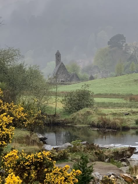 Glendalough Ireland Paintings Of Ireland Landscapes, Medieval Ireland Aesthetic, Ancient Ireland Aesthetic, Ireland Dark Aesthetic, Irish Town Aesthetic, Rural Ireland Aesthetic, Ireland Aesthetic Irish Cottage, Ireland Core, Ireland Living