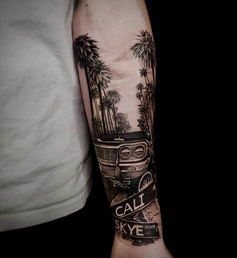 Tattoo done by Jason Vickers ig-@jason_vickers_tattoo Forearm tattoo, car, palm trees, california, low rider, impala, street sign, road sign #tattoo #tatted #ink #cai Los Angeles City Tattoo Ideas, California Palm Trees Tattoo, California Theme Tattoo, California Tattoo Ideas Men, Road Sign Tattoo Ideas, California Sleeve Tattoo Ideas, California Leg Sleeve Tattoo, Socal Tattoo Ideas, California Sleeve Tattoo