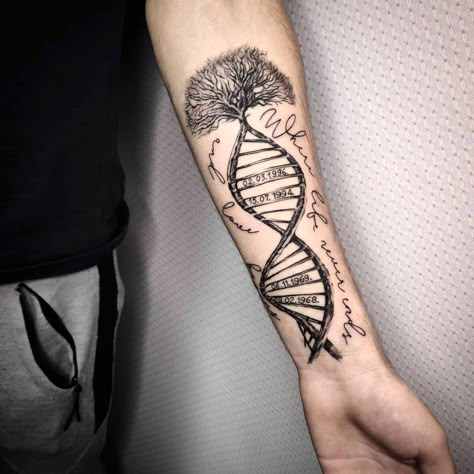 Men Tattoo Ideas For Daughters, Family Men Tattoo Ideas, Forearm Tattoos Men Family, Dna Tattoo With Names, Dna Family Tree Tattoo, Dna Family Tattoo, Viking Family Tattoo, Men’s Family Tattoo, Dna Tattoo Men