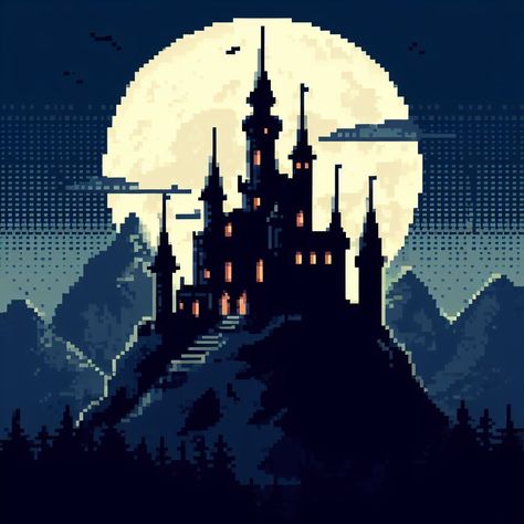 Vampire Pixel Art, Dark Fantasy Pixel Art, Castle Pixel Art, Gothic Pixel Art, Vampire Pattern, Goth Pixel Art, Vampire Castle, Dark Spells, Castle Silhouette