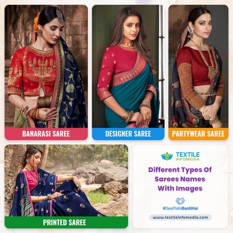 List of 113 Different Types of Sarees Used in Indian Fashion Market | Various Sarees Names List with Best Uses and Images Types Of Sarees Names List, Types Of Sarees Names, Sarees Names, Different Types Of Sarees, Types Of Saree, Saree Boutique, Boutique Names, Of Sarees, Fashion Marketing