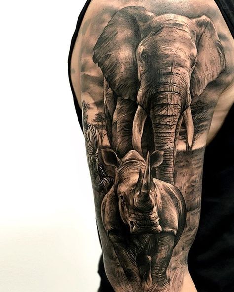 200+ Amazing Tattoo Designs & Ideas That You'll Love! African Sleeve Tattoo, Rhino Tattoo, Jungle Tattoo, Africa Tattoos, Wildlife Tattoo, Animal Sleeve, Animal Sleeve Tattoo, Gorilla Tattoo, African Tattoo