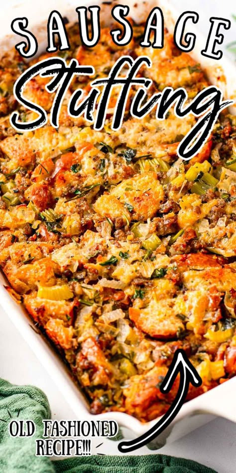 This Sausage Stuffing Recipe is a delicious side dish for Thanksgiving or big family dinners! This classic and simple dressing is made with cubed French bread, spices, chicken broth, and ground sausage, it’s the perfect addition to any holiday spread. Sausage Dressing Recipes, Best Sausage Stuffing, Sausage Stuffing Recipe Thanksgiving, Sausage Stuffing Thanksgiving, Stuffing Dinner, Big Family Dinners, Stuffing For Thanksgiving, Egg And Sausage, Easy Stuffing Recipe