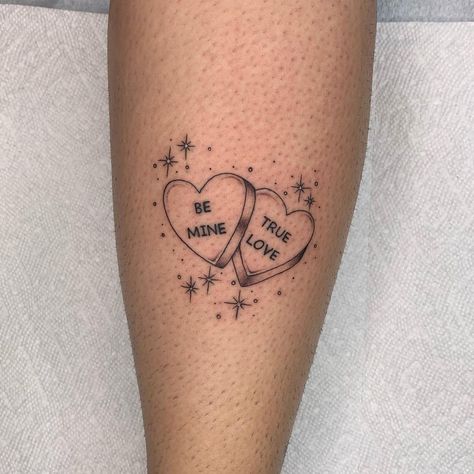 Candy Hearts Tattoo, Valentine Tattoos, Tom Tattoo, Hearts Tattoos, Stick N Poke Ideas, Sexiest Tattoos, Candy Tattoo, Lower Back Tattoo, Inner Arm Tattoos