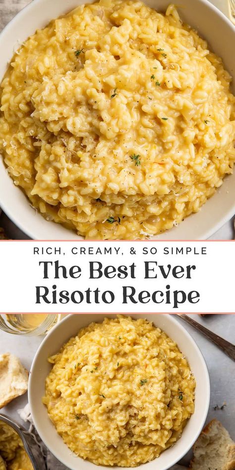 This is the BEST risotto recipe ever, and it's my most requested dish from family and friends. Rich and creamy, it reminds me of the risotto we've eaten in Italy but made easily in your very own kitchen. With plenty of freshly grated parmesan, a pinch of saffron if you have it, and enriched with some dry white wine, this risotto is the perfect accompaniment to chicken, salmon, or shrimp, or as a standalone dish to wow! Parmesan Rissoto Recipe, Minute Rice Risotto, Creamy Garlic Risotto, 4 Cheese Risotto, Cheddar Risotto Recipes, White Rice Risotto, Chicken And Rice Risotto, Best Risotto Recipes Parmesan, Garlic Parm Risotto