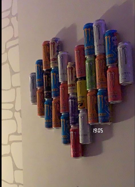 Things You Can Do With Monster Cans, Monster Energy Drink Decorations, Things To Do With Soda Cans Diy, Energy Drink Room Decor, Soda Can Room Decor, Monster Can Wall Decor, Stuff To Make Out Of Monster Cans, Soda Can Decor, Things To Make Out Of Soda Cans