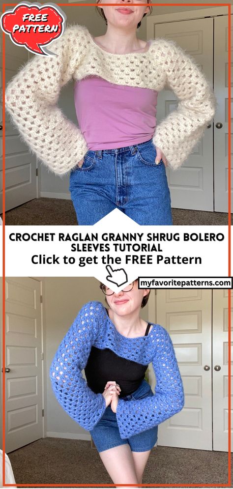 Crochet Raglan Granny Shrug Bolero Sleeves Tutorial Shrug Free Crochet Pattern, Crochet Sweater Easy Free, Shrug Tutorial, Crochet Sleeve Shrug, Crochet Wearables Patterns, Crochet Shrug Sleeves Pattern Free, Crochet Mesh Shrug Pattern Free, Crochet Sleeve Pattern Free, How To Crochet A Bolero