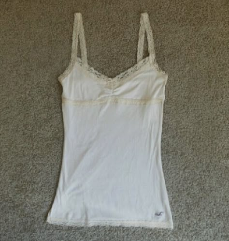 White Tank Tops, Top With Lace Trim, Tank Top With Lace, 2000s Fashion Outfits, Hollister Tops, Lace Tank, 2000s Fashion, White Tank Top, White Tank