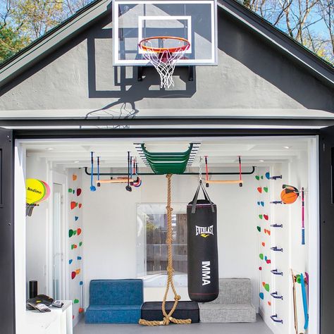 Garage Converted To Playroom, Play Area In Garage, Garage Play Area For Kids, Garage Play Area, Garage Multipurpose Room, Garage Into Playroom, Garage Playroom Conversion, Fitness Room Ideas Home, Home Gym Ideas Small Workout Rooms