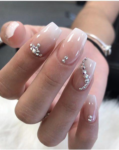 Wedding Nails With Stones, Stone On Nails Design, Rhinestone Nail Art Simple, Ombré Bride Nails, Short Ombre Nails With Rhinestones, French Tip Nails With Diamonds Bling, Wedding Nails Diamonds, Easy Nail Gem Designs, Nail Stone Design Rhinestones Simple