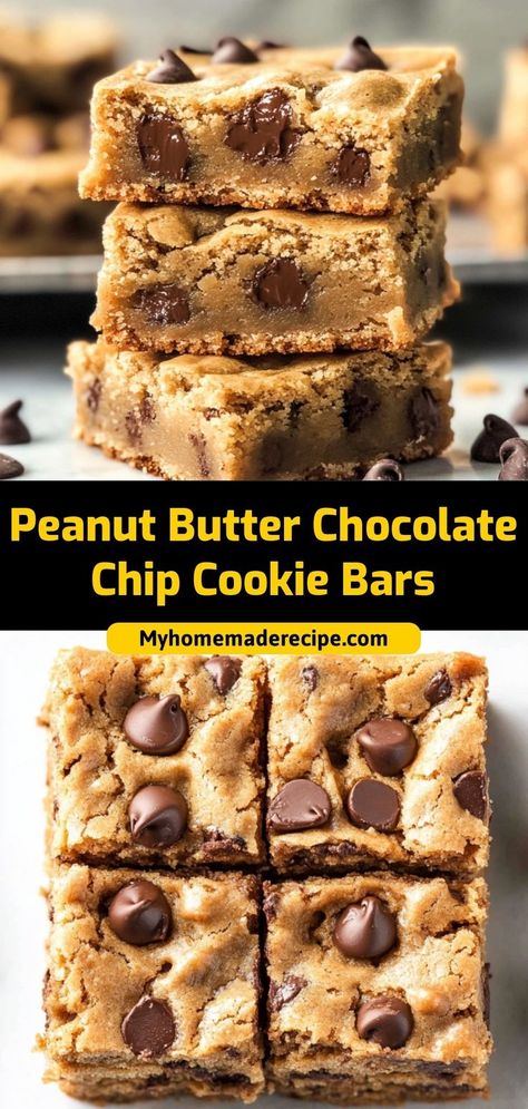 These peanut butter chocolate chip cookie bars are soft, chewy, and loaded with chocolate chips. A deliciously easy dessert! Ingredients: 1 cup peanut butter 1 cup chocolate chips 1 cup flour ½ cup sugar Make these peanut butter chocolate chip cookie bars for a quick and satisfying treat Desserts To Make With Chocolate Chips, Choc Chip Peanut Butter Bars, Peanut Butter Chocolate Chip Recipes, Soft Peanut Butter Chocolate Chip Cookie, Cookies Peanut Butter Chocolate Chip, Desserts With Peanut Butter Chips, Recipes Using Semi Sweet Chocolate Chips, Peanut Butter Choc Chip Bars, Chocolate Chip Peanut Butter Cookies Without Brown Sugar